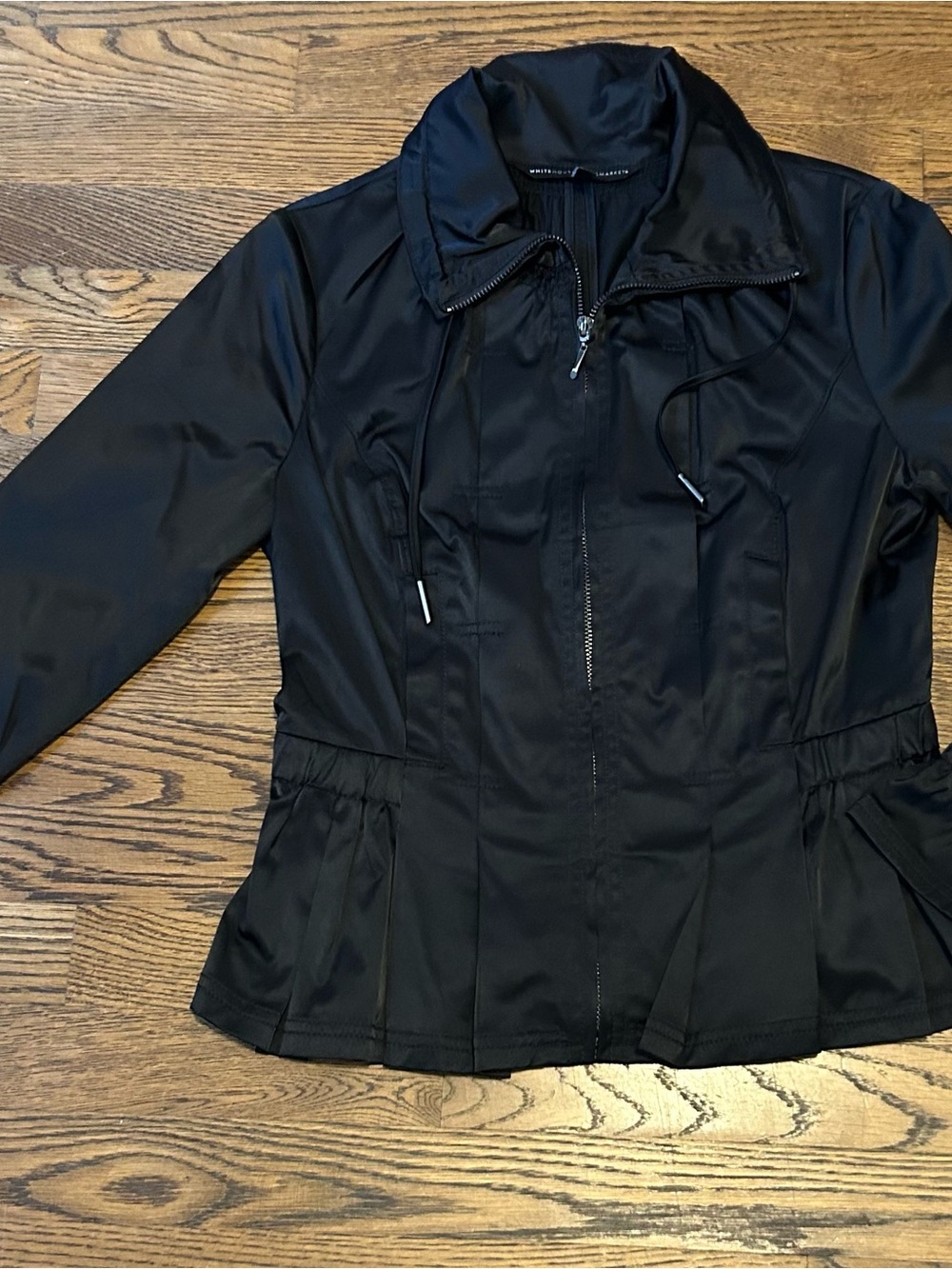 Satin Black Zip-Front Utility Jacket with peplum waist, bell sleevesand pleated